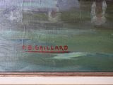 a painting of a boat in the water with a red marker