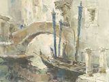 a painting of a boat on a river with buildings in the background