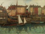 a painting of a harbor scene with boats in the water