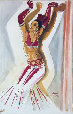 painting of a belly dancer in a red and white outfit