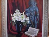a painting on the wall of a room with a vase of flowers