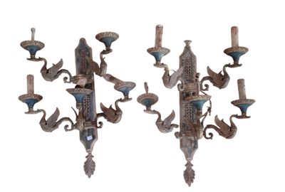 pair of antique wall sconces with blue and white glass shades