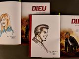 three books with drawings of a man and a woman on them