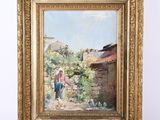 une peinture à l'huile représentant une femme en train d'arroser des fleurs dans un jardin