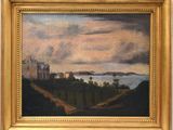 an image of a painting of a castle on a hill overlooking the ocean