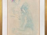 painting of a woman in a blue dress holding a butterfly