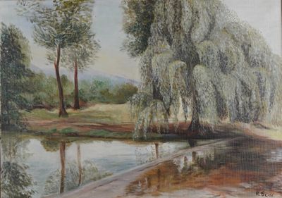 peinture représentant une scène fluviale avec des arbres et de l'eau au premier plan