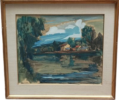 an image of a painting of a river with a house in the distance