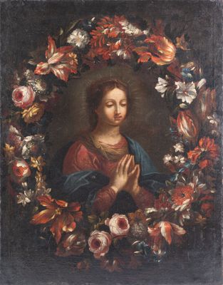 un tableau représentant une femme entourée d'une couronne de fleurs
