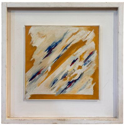 an abstract painting of a yellow and blue stripe in a white frame