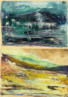 deux tableaux représentant des montagnes et un lac avec un bateau sur l'eau
