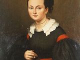 un tableau représentant une femme tenant un livre et vêtue d'une robe noire