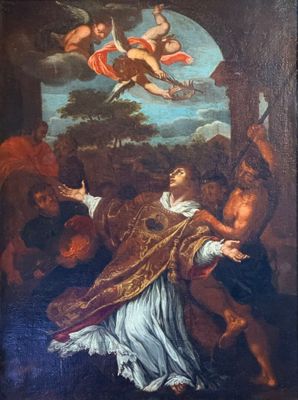 une image représentant un tableau illustrant une scène religieuse avec des anges et des démons