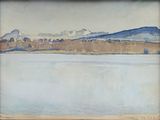 une image représentant un tableau d'un lac avec des montagnes en arrière-plan