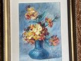 painting of a blue vase with yellow flowers in it on a carpet