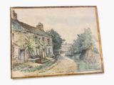 an image of a painting of a country road with a house in the background