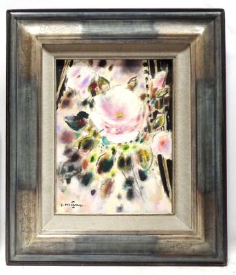 painting of a pink rose in a silver frame on a white wall