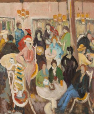 tableau représentant un groupe de personnes assises à une table dans un restaurant