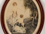 an old picture of two women and a dog in a wood frame