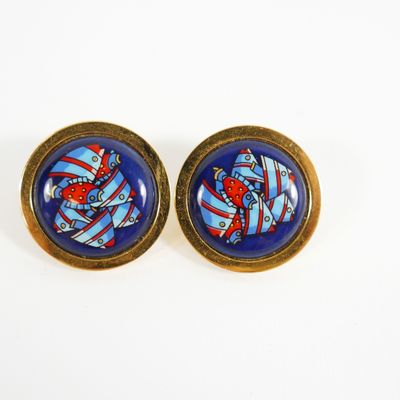 pair of blue and red fish stud earrings with gold posts