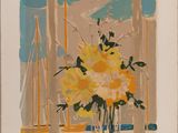 un tableau représentant des fleurs jaunes dans un vase posé sur le rebord d'une fenêtre