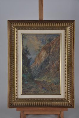 une peinture à l'huile représentant une scène de montagne avec une rivière au premier plan