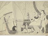 une image représentant le dessin d'une femme assise sur une chaise à côté d'un homme jouant d'un instrument de musique