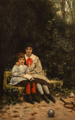 painting of two children sitting on a bench in a wooded area