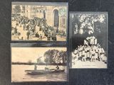 several old black and white photos of people in boats on a river
