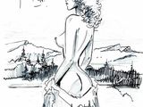 dessin représentant une femme en robe et chapeau, debout dans un champ