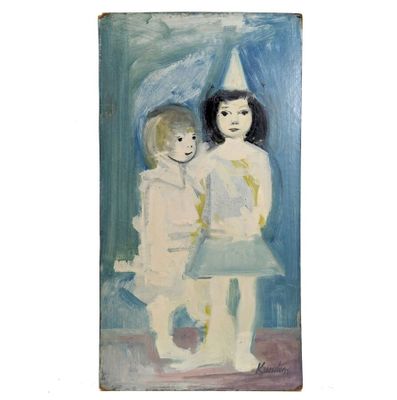 une image représentant un tableau où l'on voit deux enfants assis sur un banc
