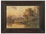 un tableau représentant une scène fluviale avec des arbres au premier plan