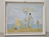 un tableau représentant un homme assis sur une chaise longue sous un parasol