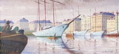une peinture de bateaux dans un port avec des bâtiments à l'arrière-plan