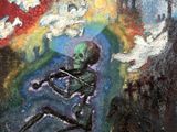 un tableau représentant un squelette jouant du violon devant un ciel rouge