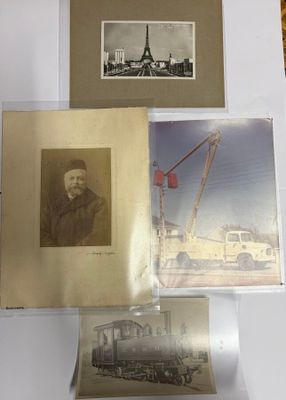 many pictures of a man on a train on the table