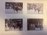 several black and white photos of people riding horses in a parade