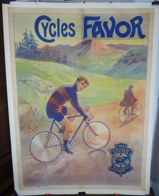 une vieille affiche représentant un homme à vélo sur un chemin de terre