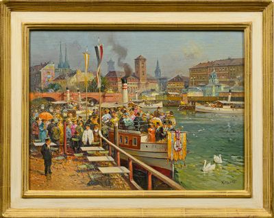 painting of a painting of people on a boat in a harbor