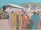 une image représentant un dessin humoristique montrant un groupe de personnes debout devant un avion