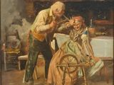 tableau représentant un homme faisant tourner les cheveux d'une femme devant une cheminée