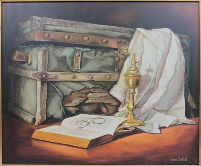 a painting of a book and a candle on a table