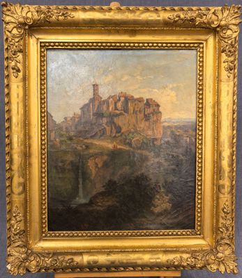 une peinture représentant un château sur une colline, avec une cascade au premier plan
