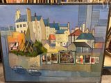 painting of a view of a city with a car parked in front of it