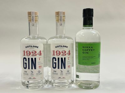 trois bouteilles de gin sont alignées sur une surface blanche