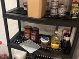 a shelf that has various food items on it