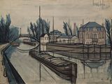 dessin représentant un bateau amarré dans un port, avec un bâtiment en arrière-plan