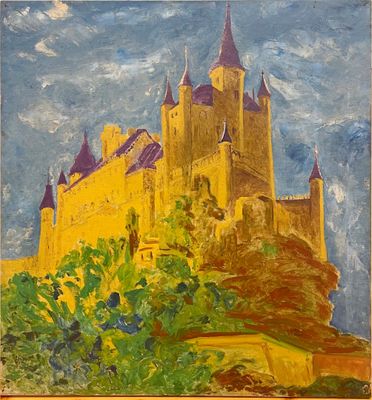 an oil painting of a castle on a hill with trees in the foreground