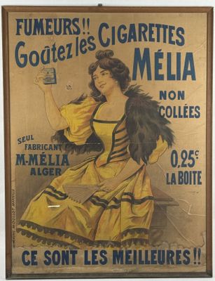 an old poster of a woman in a yellow dress holding a cigarette