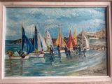 a painting of a group of sailboats on the beach